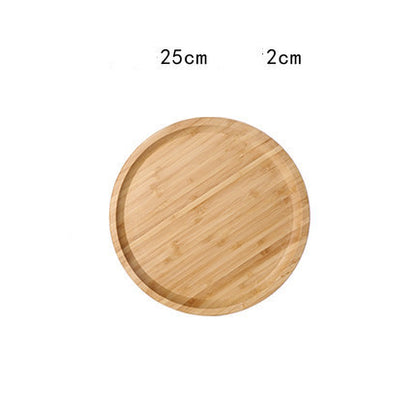 A brown bamboo round wooden tray with measurements on a white background. 25cm x 2cm. 