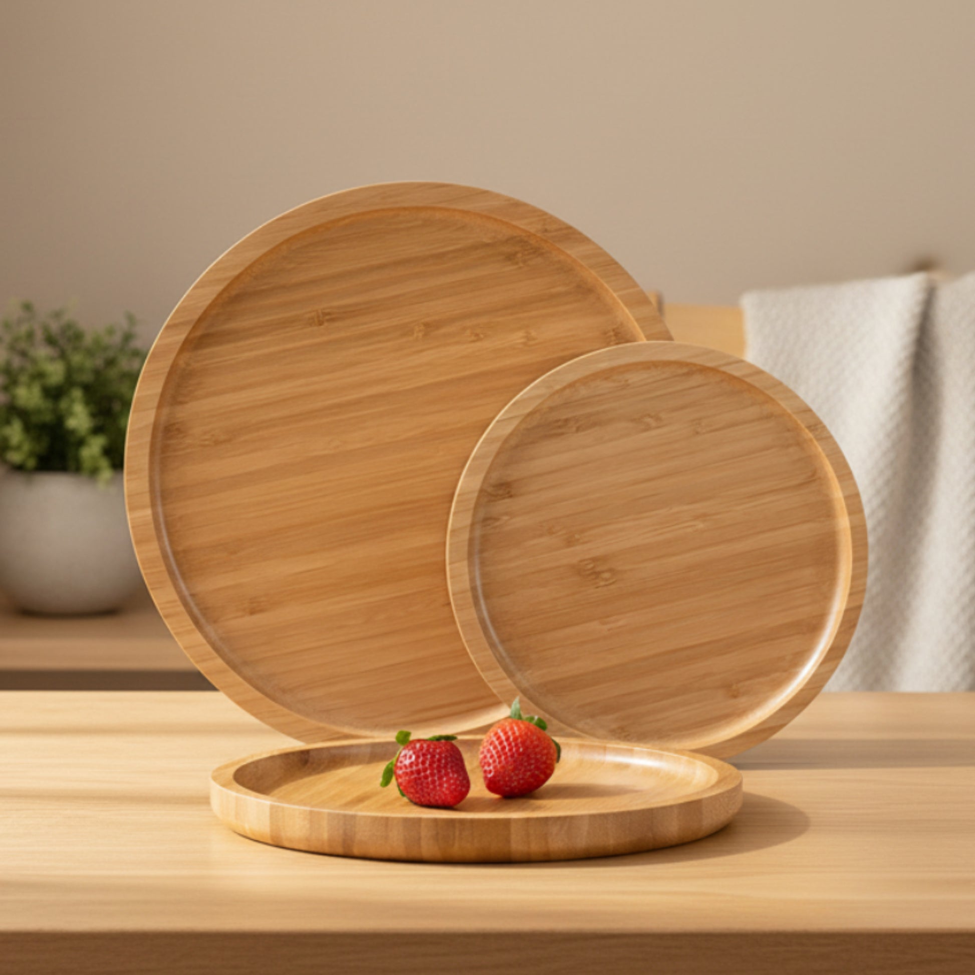 Set of wooden trays on a wooden surface with strawberries on a beige and earthy, warm background. Plant in the background. Natural material. 