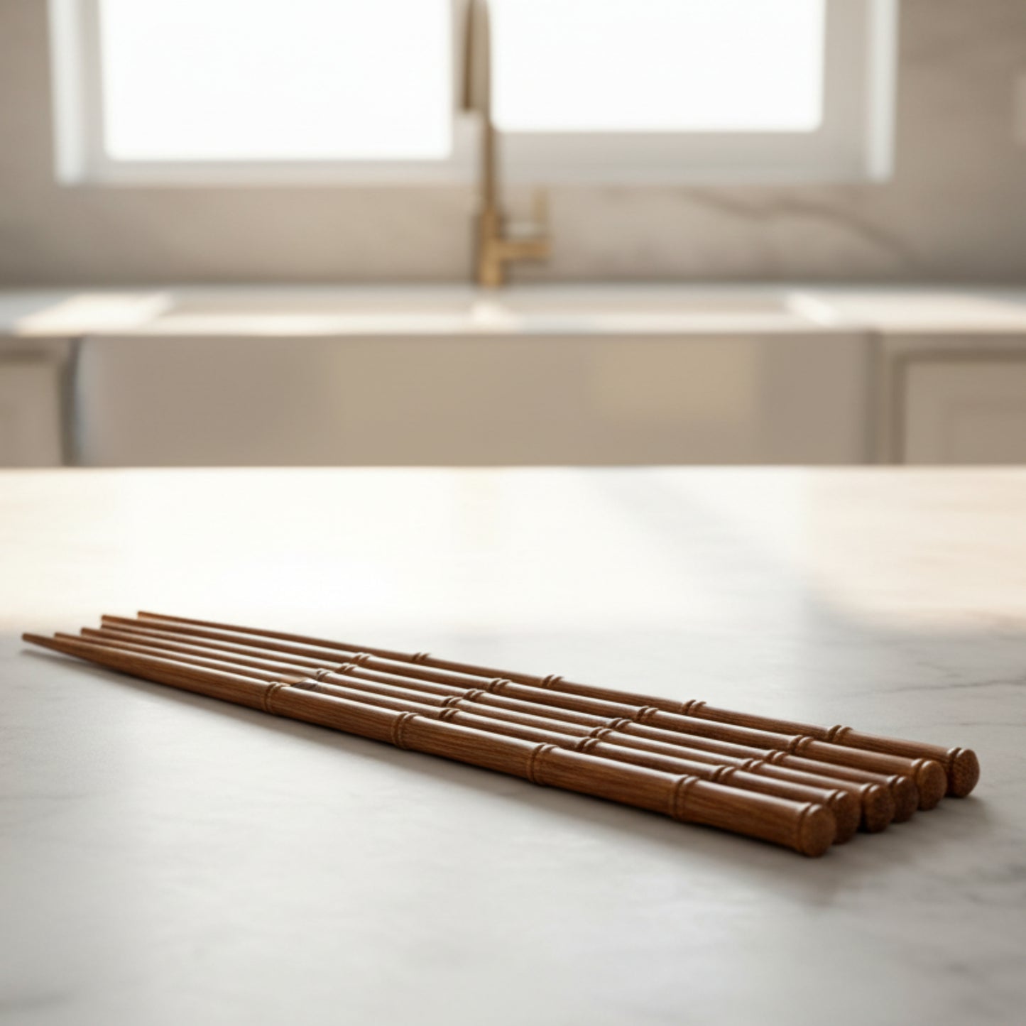 Set of three pairs wooden chopsticks on an grey marble kitchen surface with a natural background and blurred kitchen background. Natural and pure material. 