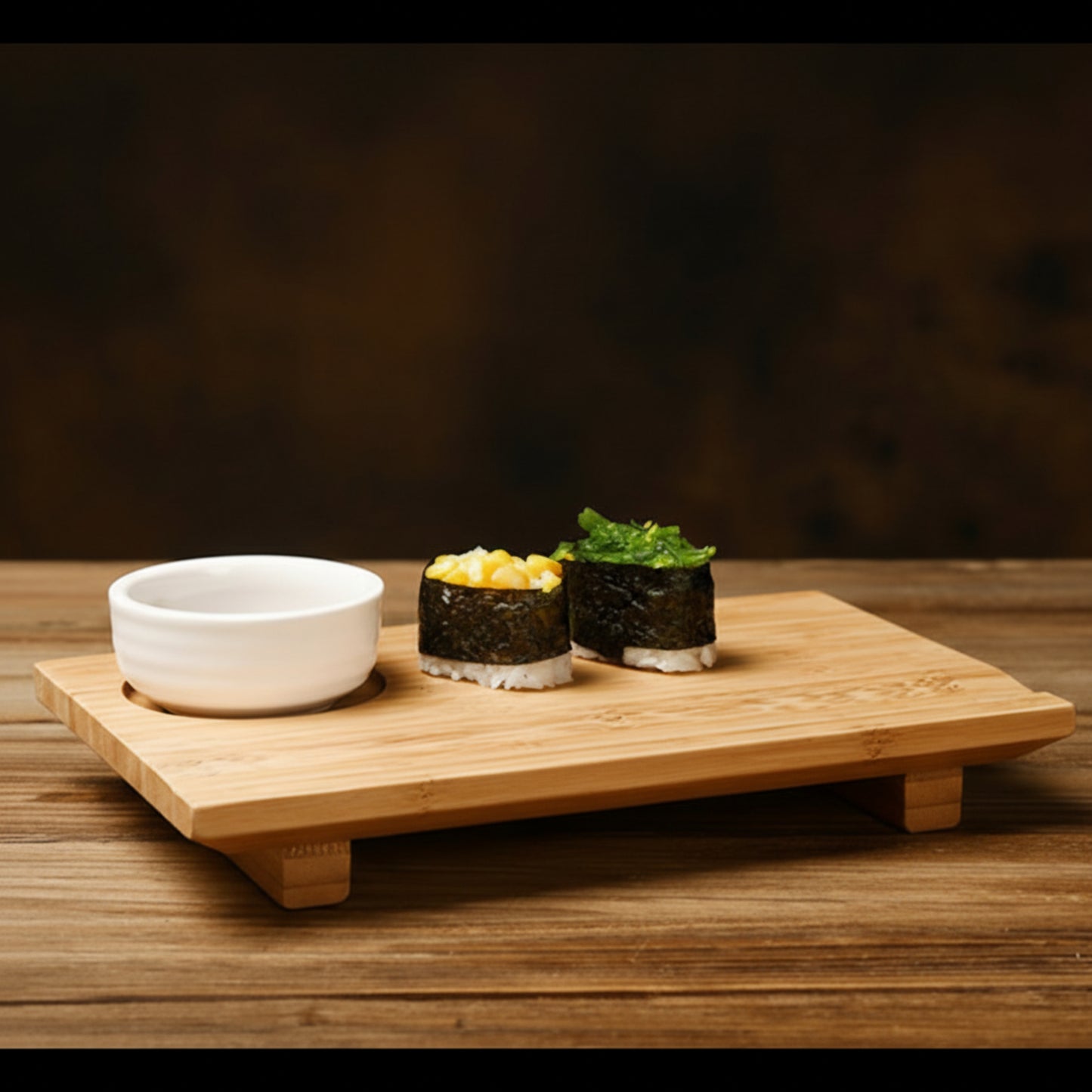 A sushi plate on a wooden tray with a white ceramic bowl. brown background. Natural decor. Minimalist decor piece with warmth and harmony. 