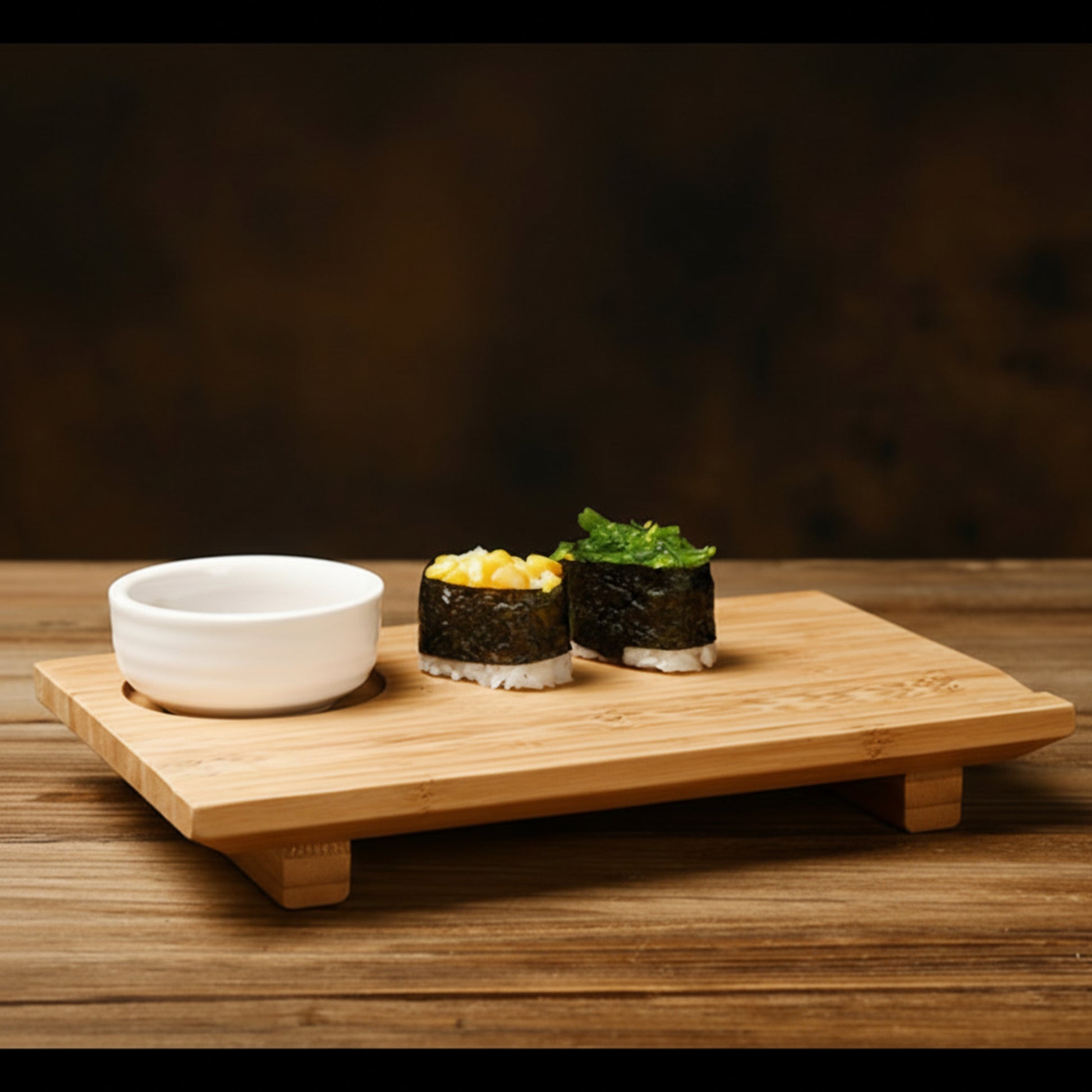 A sushi plate on a wooden tray with a white ceramic bowl. brown background. Natural decor. Minimalist decor piece with warmth and harmony. 