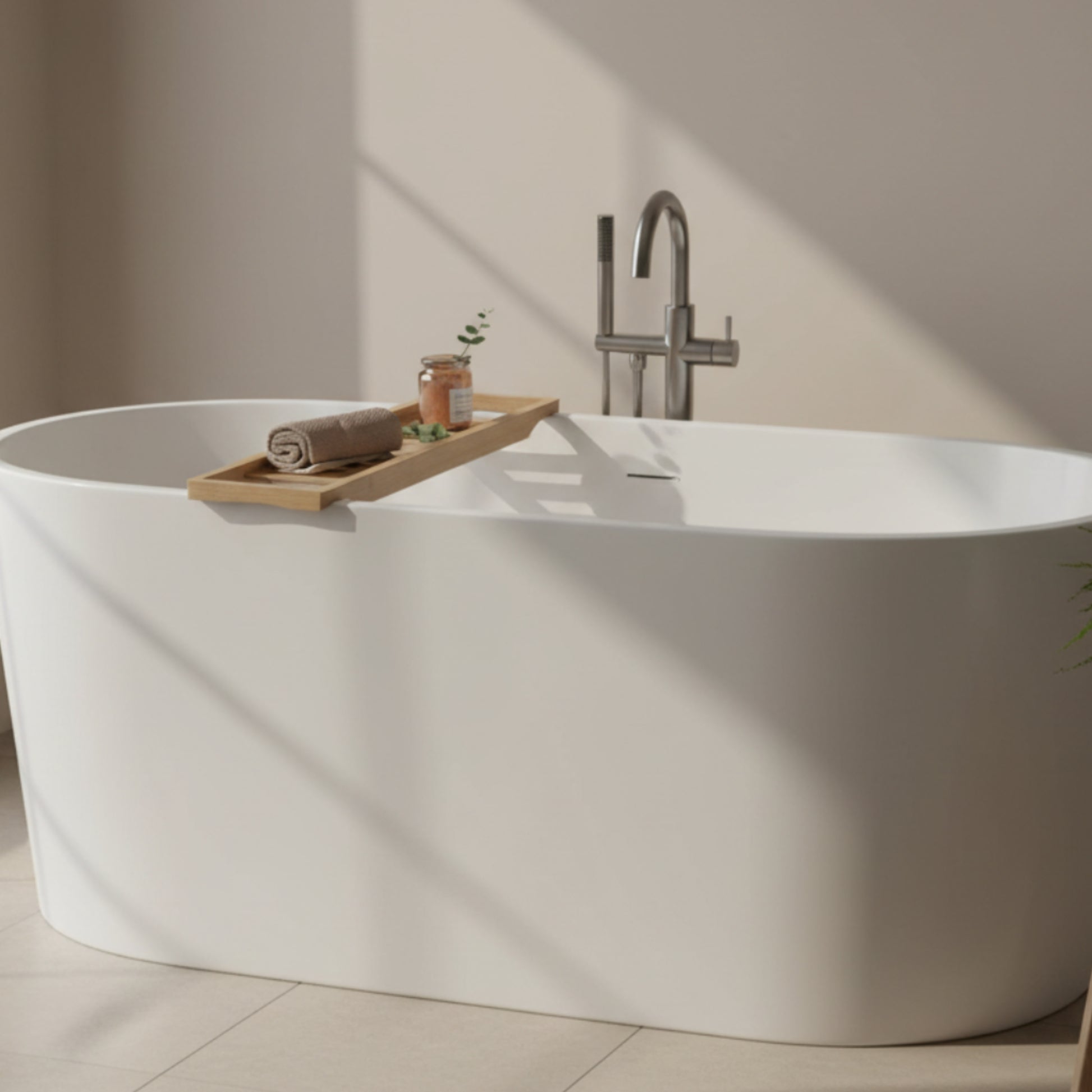 Wooden tray on a white background on a white bathtub. Earthy wooden home decor inspired by natural textures and warm tones. Calm and cozy bathroom decor. 