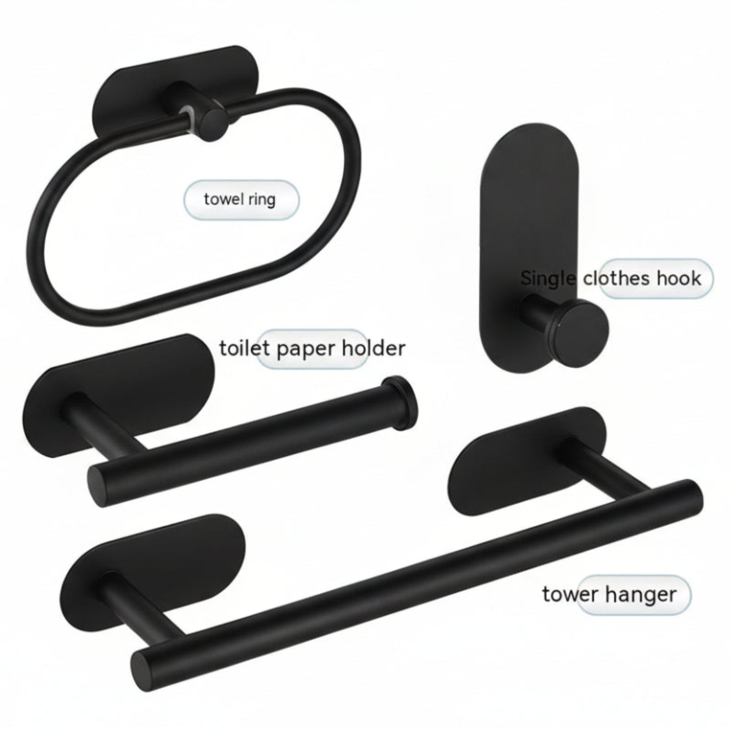 Set of black bathroom hooks including a towel ring, toilet paper holder, single clothes hook, and tower hanger on a white background. Stylish black bathroom rack. Modern bathroom rack, minimalist and timeless pieces for bathroom. 