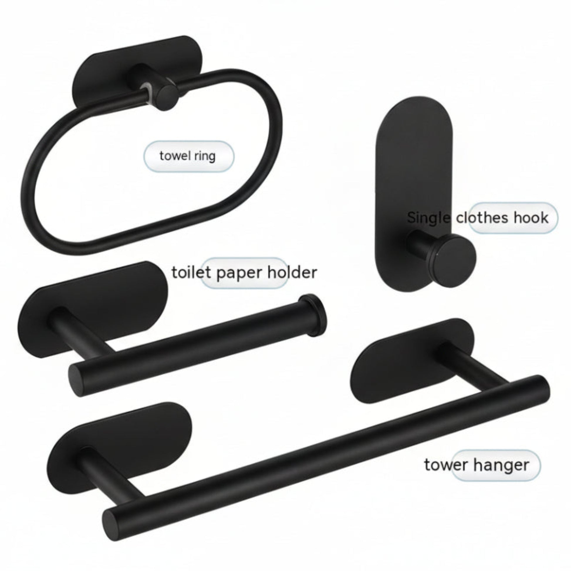 Set of black bathroom hooks including a towel ring, toilet paper holder, single clothes hook, and tower hanger on a white background. Stylish black bathroom rack. Modern bathroom rack, minimalist and timeless pieces for bathroom. 