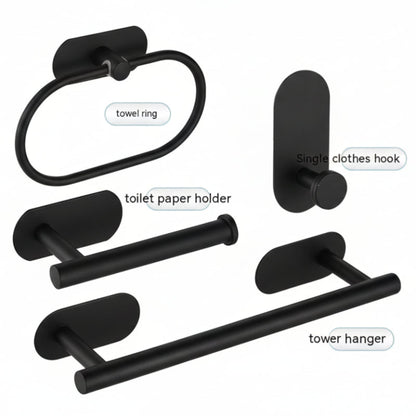 Set of black bathroom hooks including a towel ring, toilet paper holder, single clothes hook, and tower hanger on a white background. Stylish black bathroom rack. Modern bathroom rack, minimalist and timeless pieces for bathroom. 