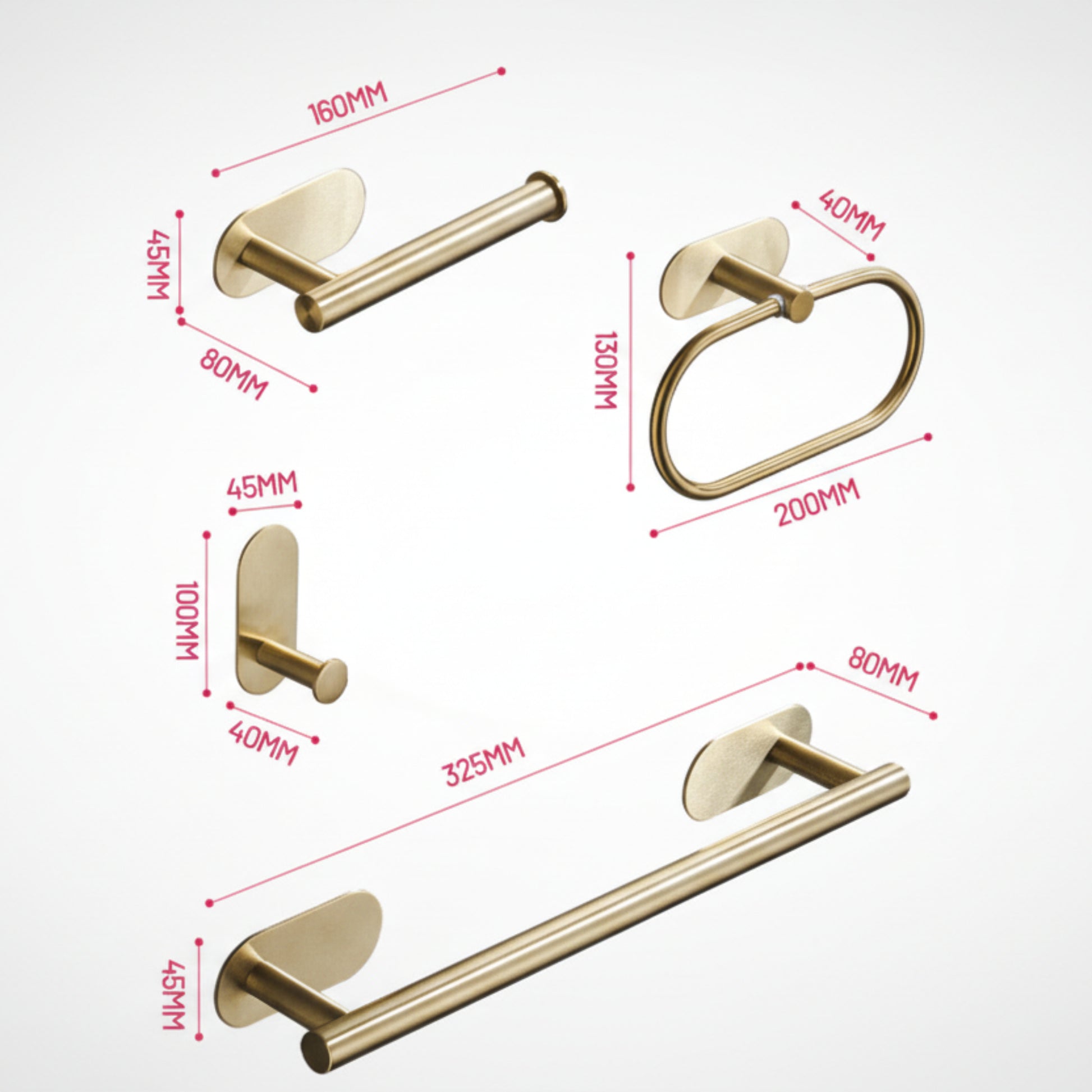 Gold bathroom hardware set with dimensions on a white background. Stylish golden bathroom rack. Modern bathroom rack, minimalist and timeless pieces for bathroom. 