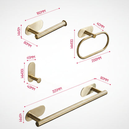 Gold bathroom hardware set with dimensions on a white background. Stylish golden bathroom rack. Modern bathroom rack, minimalist and timeless pieces for bathroom. 
