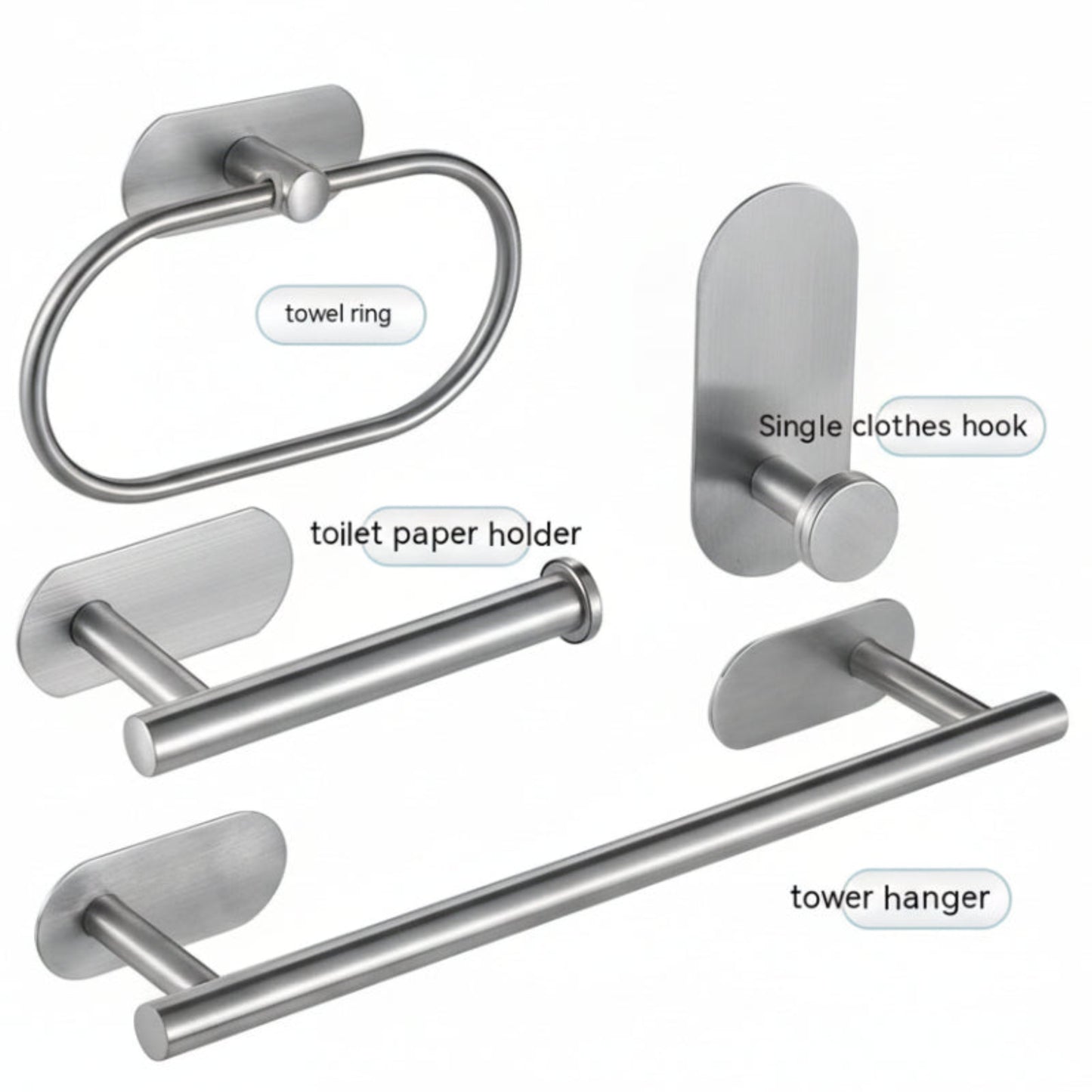 Set of silver bathroom hooks including a towel ring, toilet paper holder, single clothes hook, and tower hanger on a white background. Stylish silver bathroom rack. Modern bathroom rack, minimalist and timeless pieces for bathroom. 