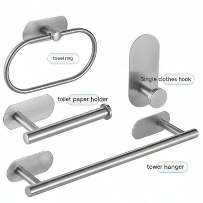 Set of silver bathroom hooks including a towel ring, toilet paper holder, single clothes hook, and tower hanger on a white background. Stylish silver bathroom rack. Modern bathroom rack, minimalist and timeless pieces for bathroom. 