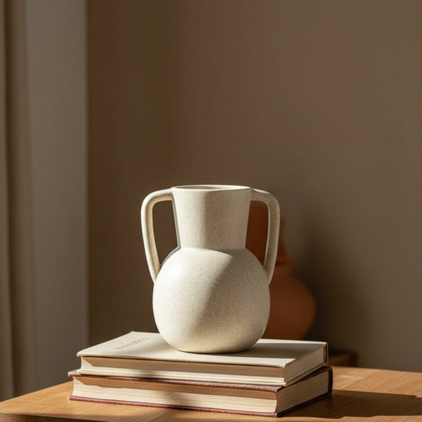 Beige Scandinavian decor inspired ceramic binaural vase on two books and a table. Warm tones. Minimalist interiors.