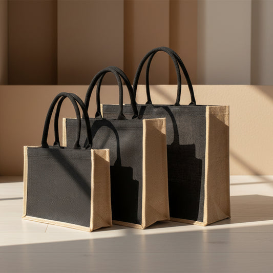 Three waterproof jute bags with black and beige color on a beige background and a wooden surface. Natural decor and kitchen styling. 