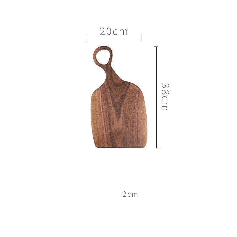 Wooden black walnut chopping board with dimensions on a white background. Warm and earthy design, irregular shape. Minimalist Scandinavian style. 
