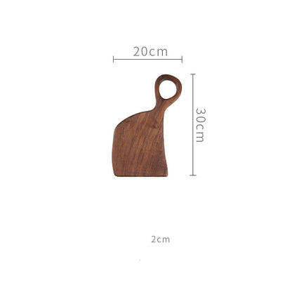 Wooden black walnut chopping board with dimensions on a white background. Warm and earthy design, irregular shape. Minimalist Scandinavian style. 