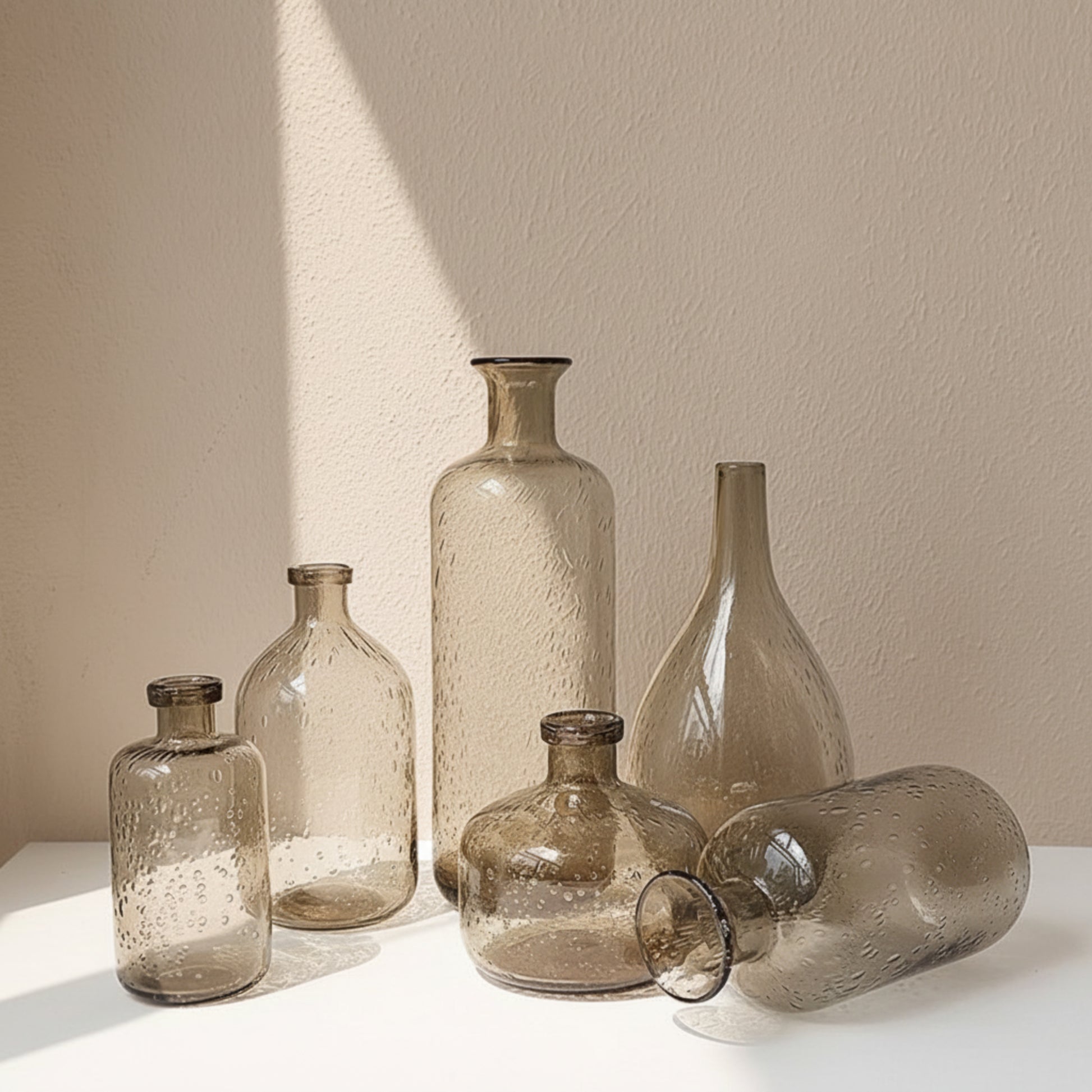 Set of glass bottles in different forms and sizes on a white surface with a neutral beige background. 