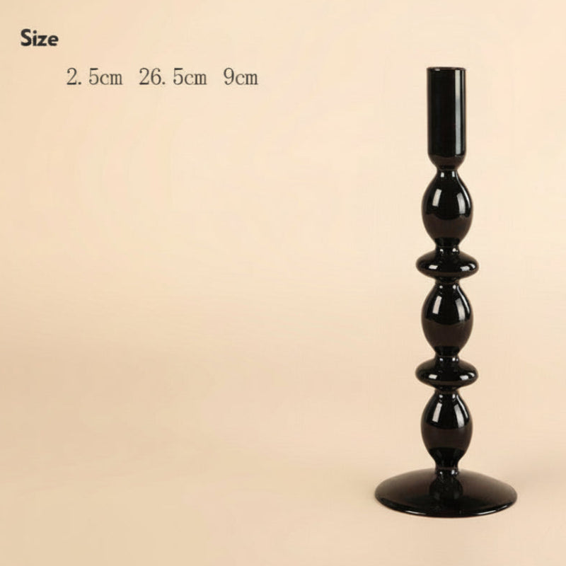 Large black decorative candle holder with size measurements on a beige background. 
Scandinavian inspired minimalist decor design. Sleek and modern decor. 