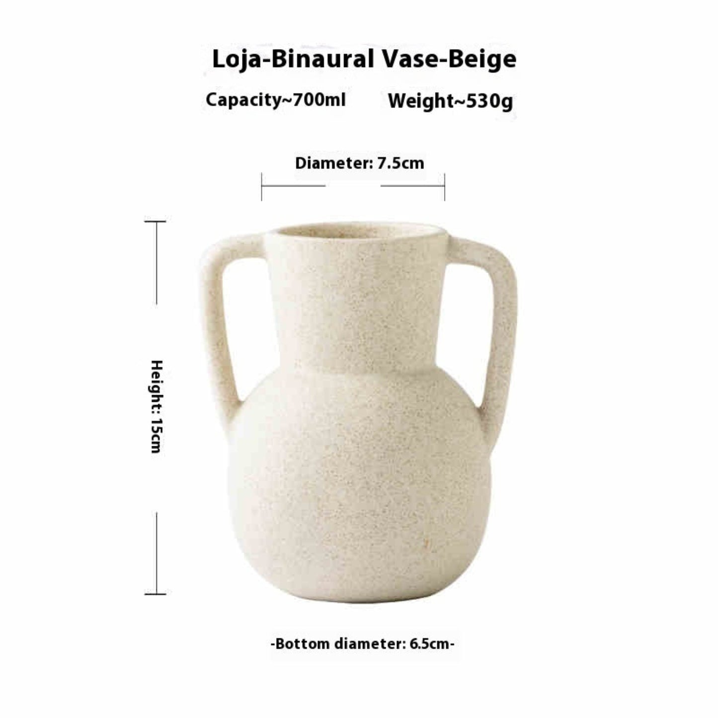 Beige vase with measurements on a white background. Beige Scandinavian decor inspired ceramic binaural vase. Warm tones. Minimalist interiors.