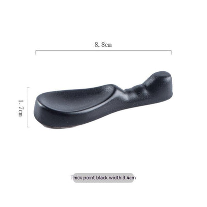 Stylish black ceramic chopsticks holder, Japanese style with measurements on a white background. Modern kitchen accessories.   
