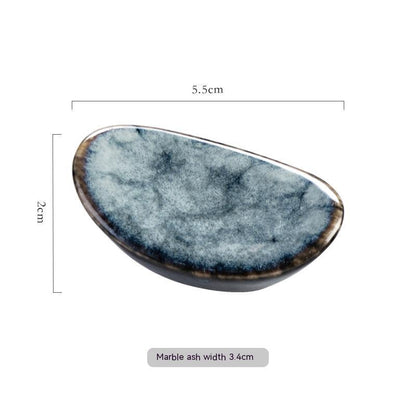 Stylish blue ceramic chopsticks holder, Japanese style with measurements on a white background. Modern kitchen accessories.   