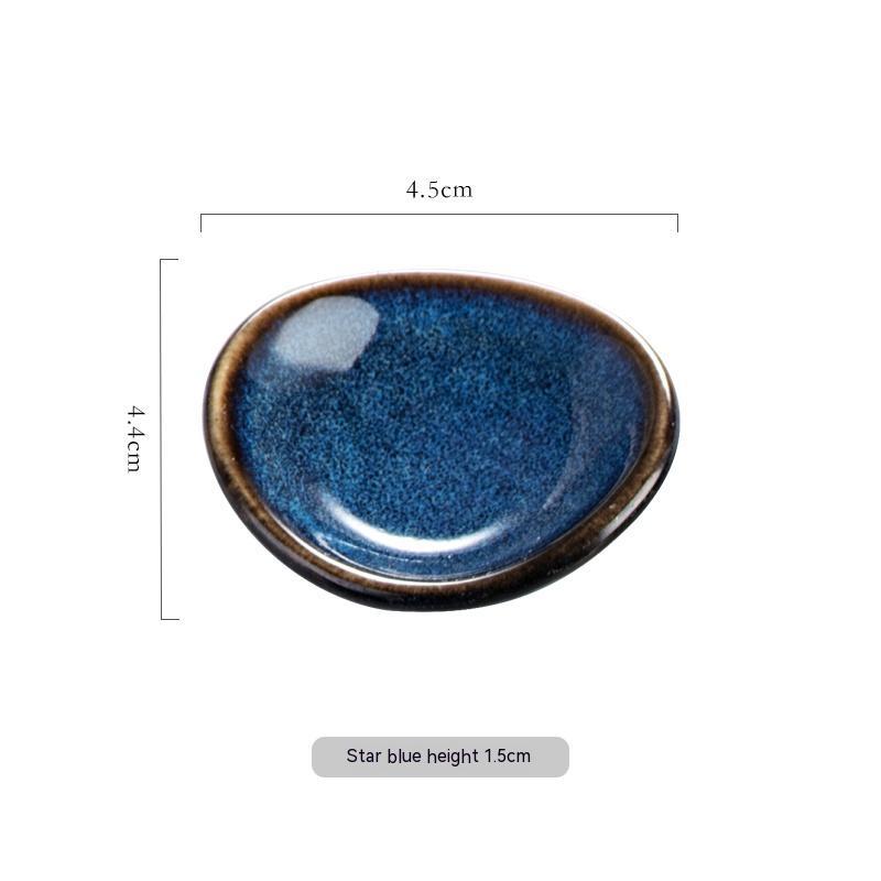Stylish star blue ceramic chopsticks holder, Japanese style with measurements on a white background. Modern kitchen accessories.   