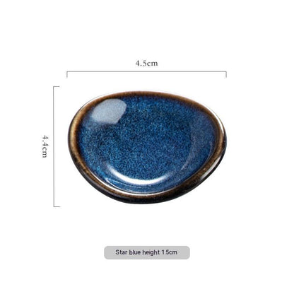 Stylish star blue ceramic chopsticks holder, Japanese style with measurements on a white background. Modern kitchen accessories.   