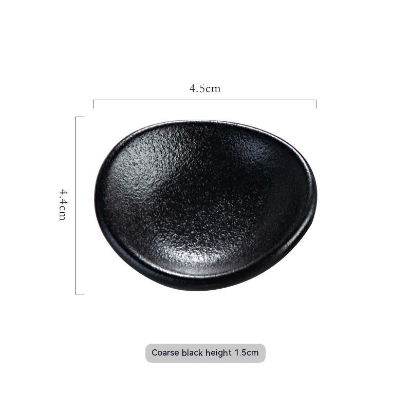 Stylish coarse black ceramic chopsticks holder, Japanese style with measurements on a white background. Modern kitchen accessories.   