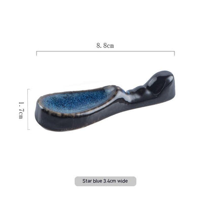 Stylish black and blue ceramic chopsticks holder, Japanese style with measurements on a white background. Modern kitchen accessories.   