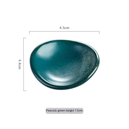 Stylish peacock green blue ceramic chopsticks holder, Japanese style with measurements on a white background. Modern kitchen accessories.   