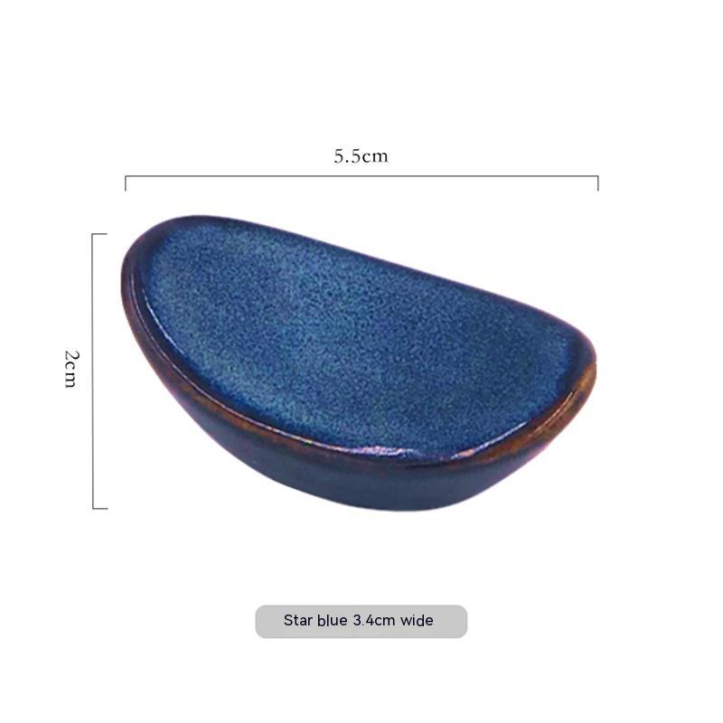 Stylish star blue ceramic chopsticks holder, Japanese style with measurements on a white background. Modern kitchen accessories.   