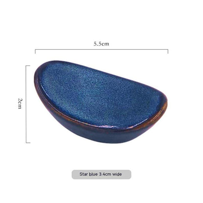 Stylish star blue ceramic chopsticks holder, Japanese style with measurements on a white background. Modern kitchen accessories.   