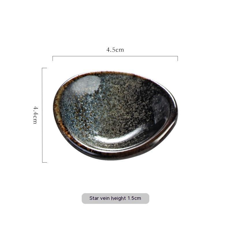 Stylish dark star vein ceramic chopsticks holder, Japanese style with measurements on a white background. Modern kitchen accessories.   