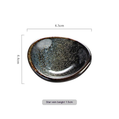 Stylish dark star vein ceramic chopsticks holder, Japanese style with measurements on a white background. Modern kitchen accessories.   