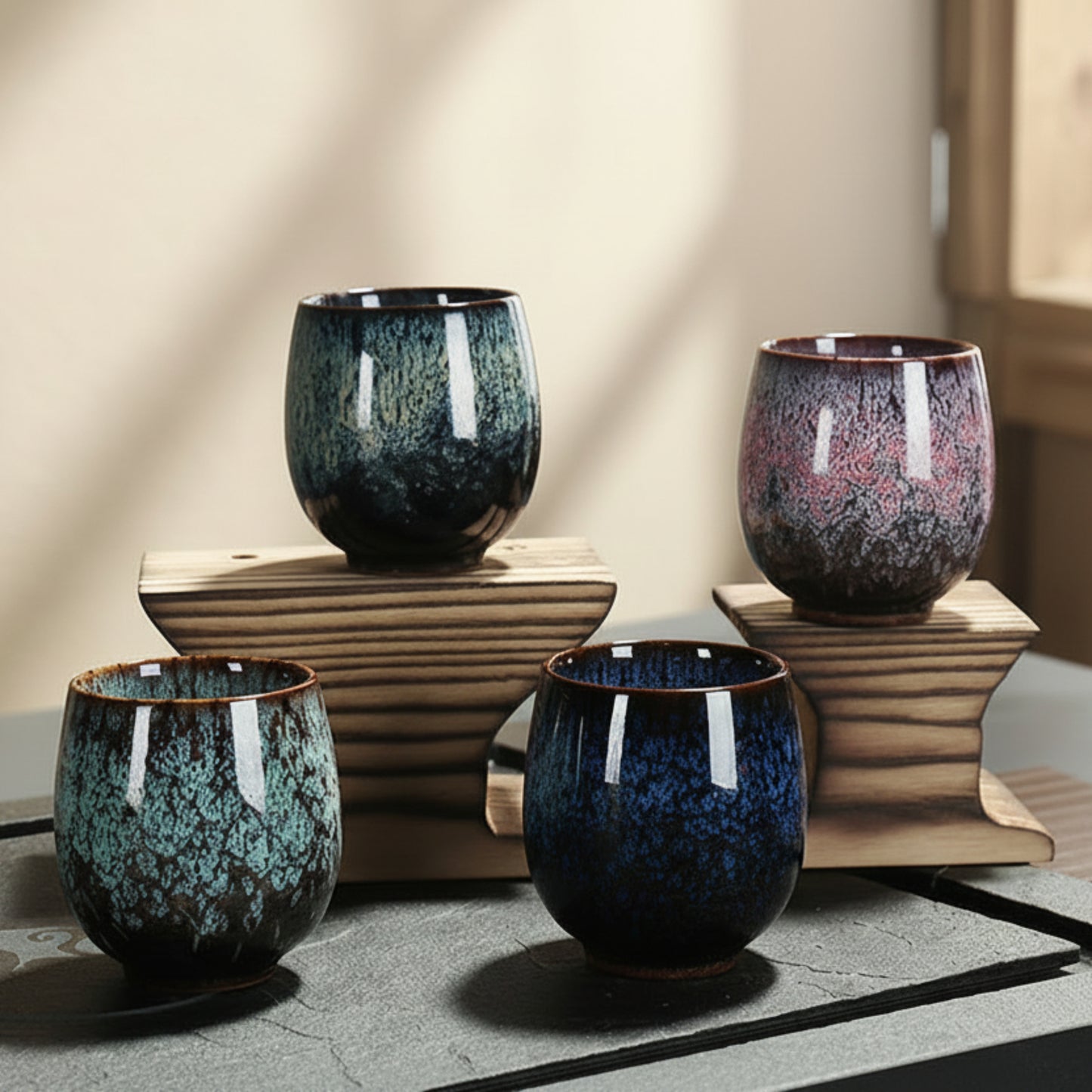Four textured glass cups on wooden stands and a textured dark surface on a beige background. Unique glaze pattern on a textured surface and a blurred background. Natural and earthy ambience. 