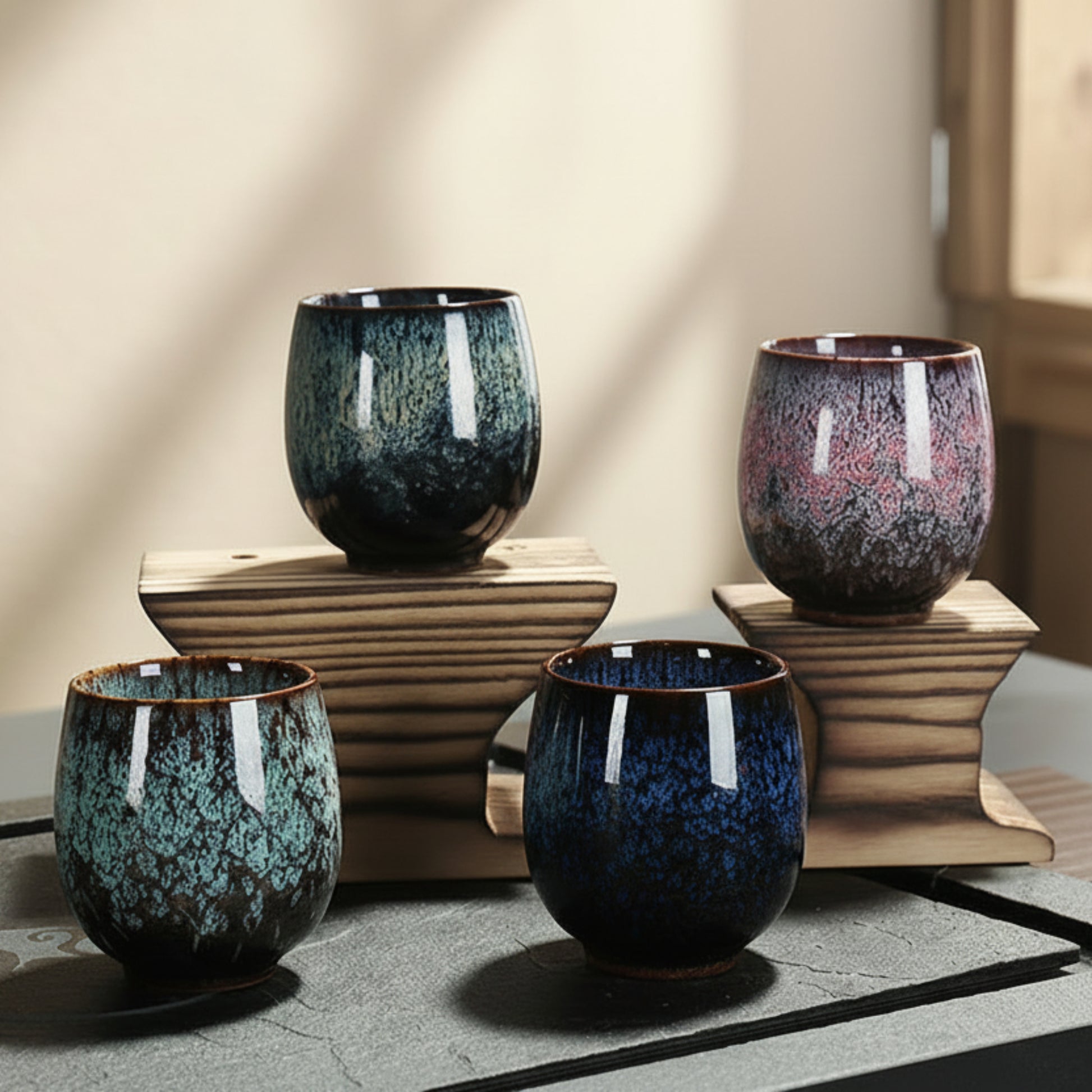 Four textured glass cups on wooden stands and a textured dark surface on a beige background. Unique glaze pattern on a textured surface and a blurred background. Natural and earthy ambience. 