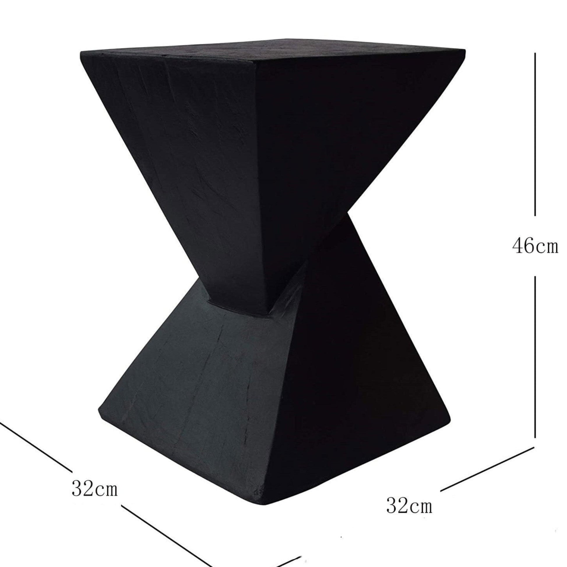 Black geometric side table or stool with dimensions on a white background. Minimalist black side table. Decor piece with clean lines, natural materials. Timeless side table. 
