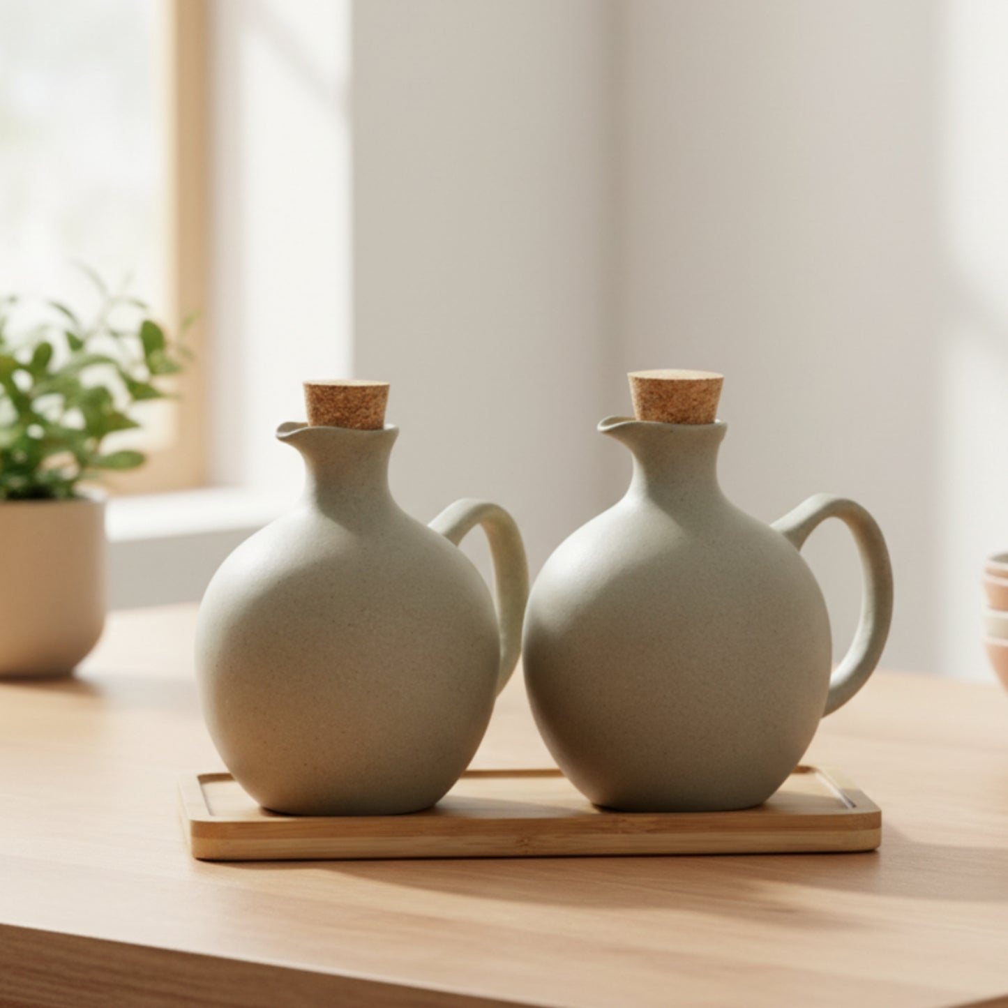 Two ceramic oil dispenser with cork lid on a wooden tray and wooden surface. Earthy kitchen and home decor with natural textures and warm tones. Green plant in the background. 