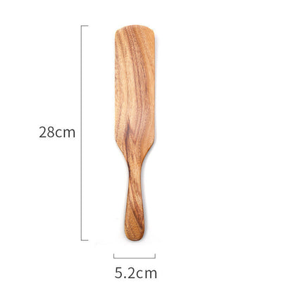 A set of wooden cooking spatulas with measurements on a white background. Natural and earthy kitchen cooking spatula. 