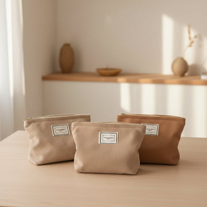 Three brown corduroy cotton pouches on a neutral background. Minimalist accessories inspired by natural materials and Scandinavian design. 