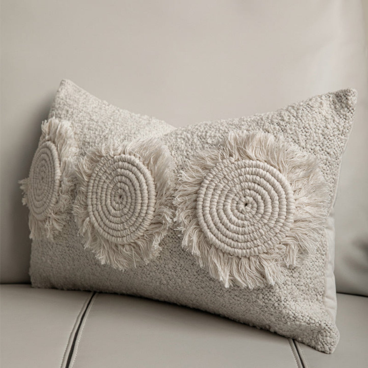 Cotton linen pillow on a grey background. warm and simple ambience. 