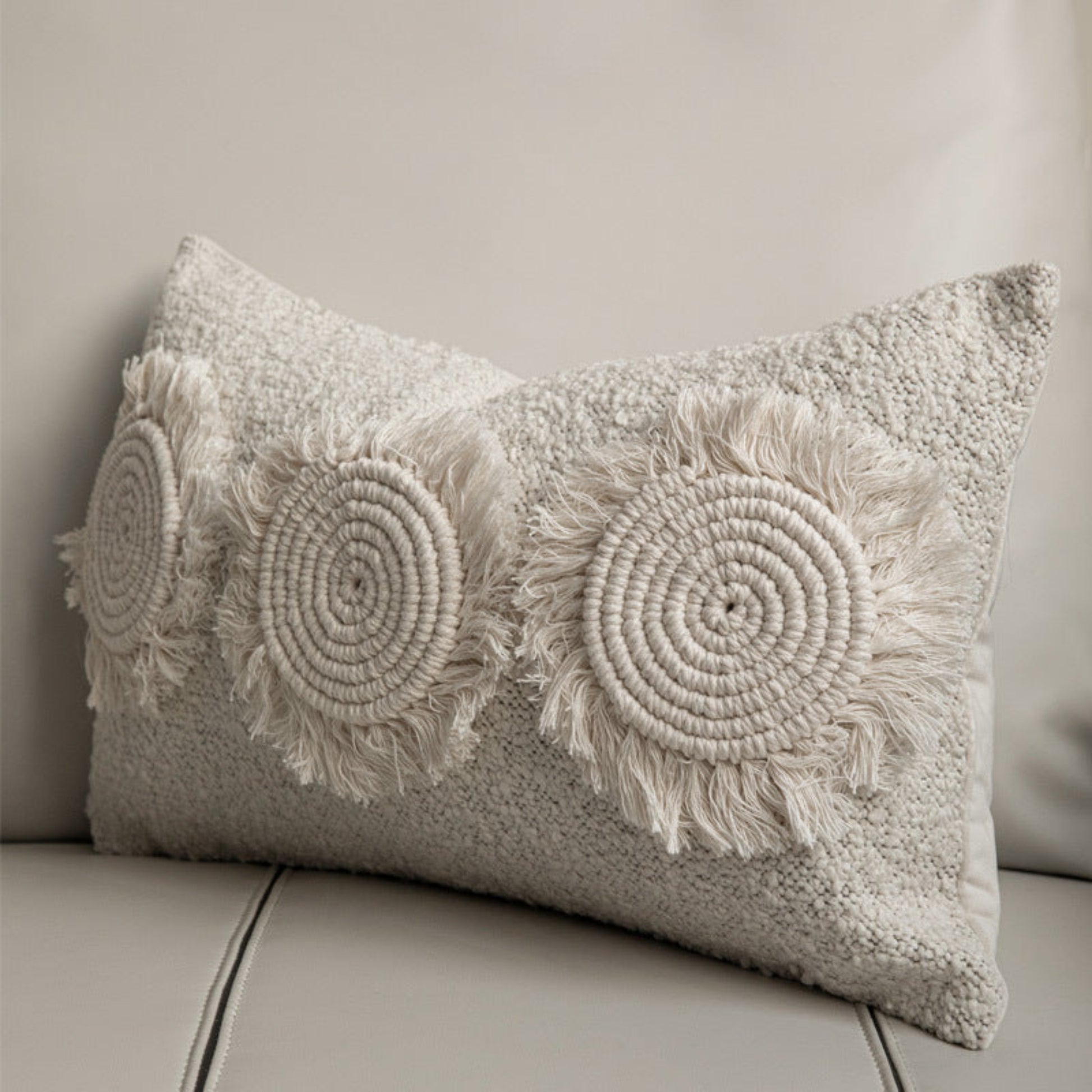 Cotton linen pillow on a grey background. warm and simple ambience. 