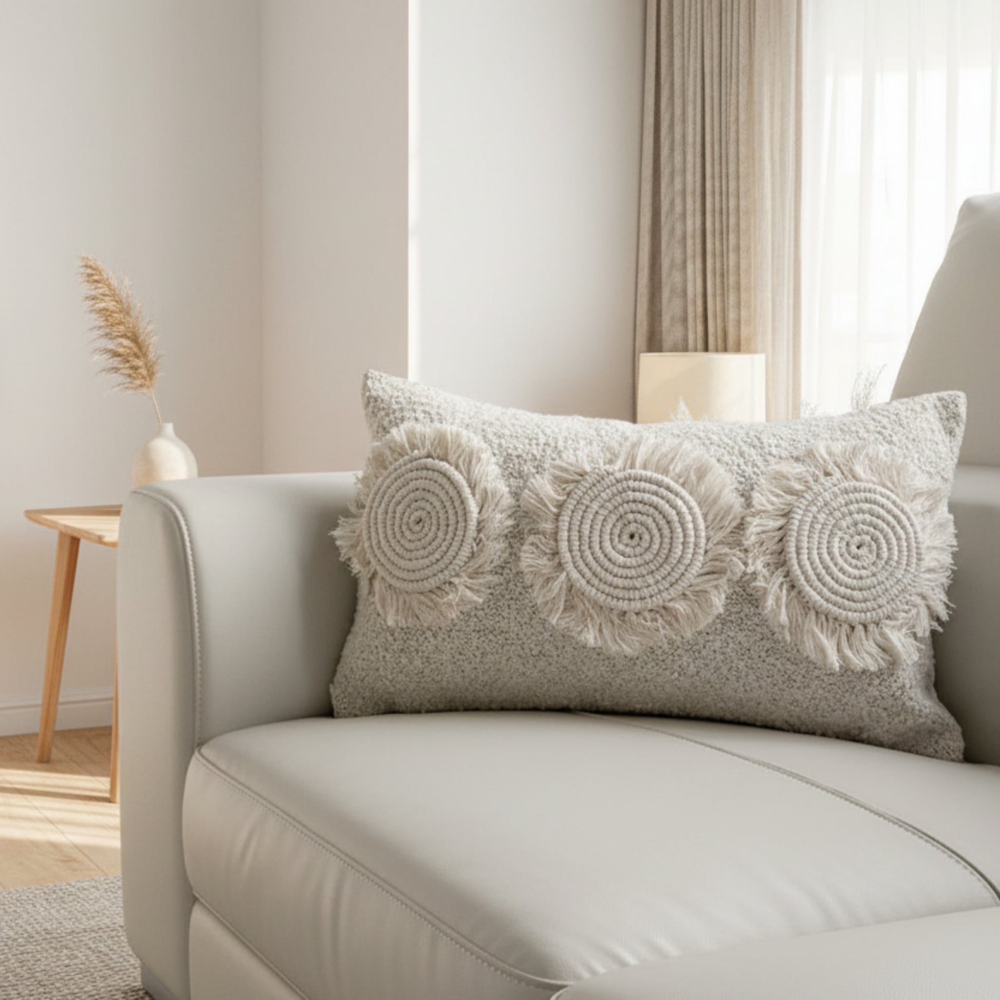 Cotton linen pillowcase on a beige sofa. Warm and light background with a dried flower. 