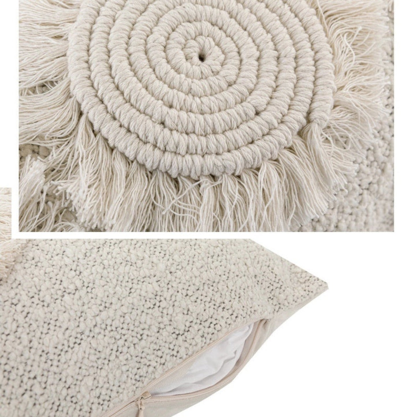 Two pictures of a close up cotton linen pillowcase on a white background. Stylish pillowcase. Modern accessories, natural material. Close up of detail and close up of zipper. 