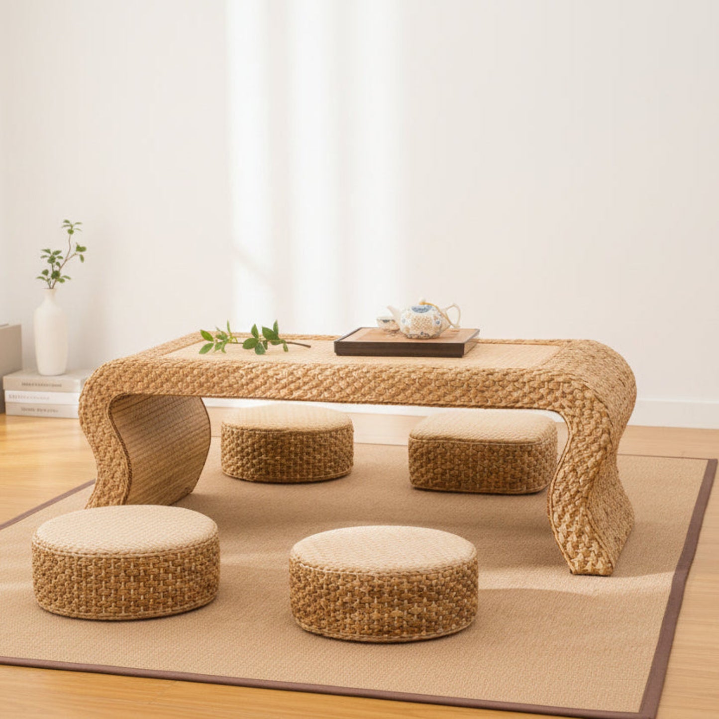 Woven coffee table with matching stools on a tatami mat floor. Earthy home decor inspired by natural textures and warm tones. Cozy stool with timeless minimalist design. 
