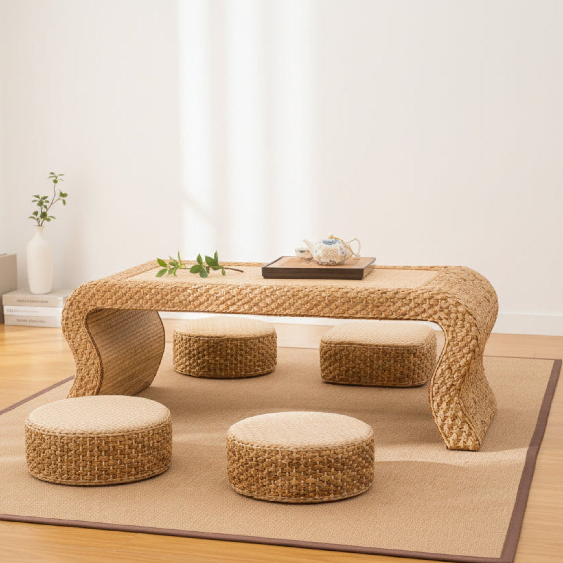 Woven coffee table with matching stools on a tatami mat floor. Earthy home decor inspired by natural textures and warm tones. Cozy stool with timeless minimalist design. 
