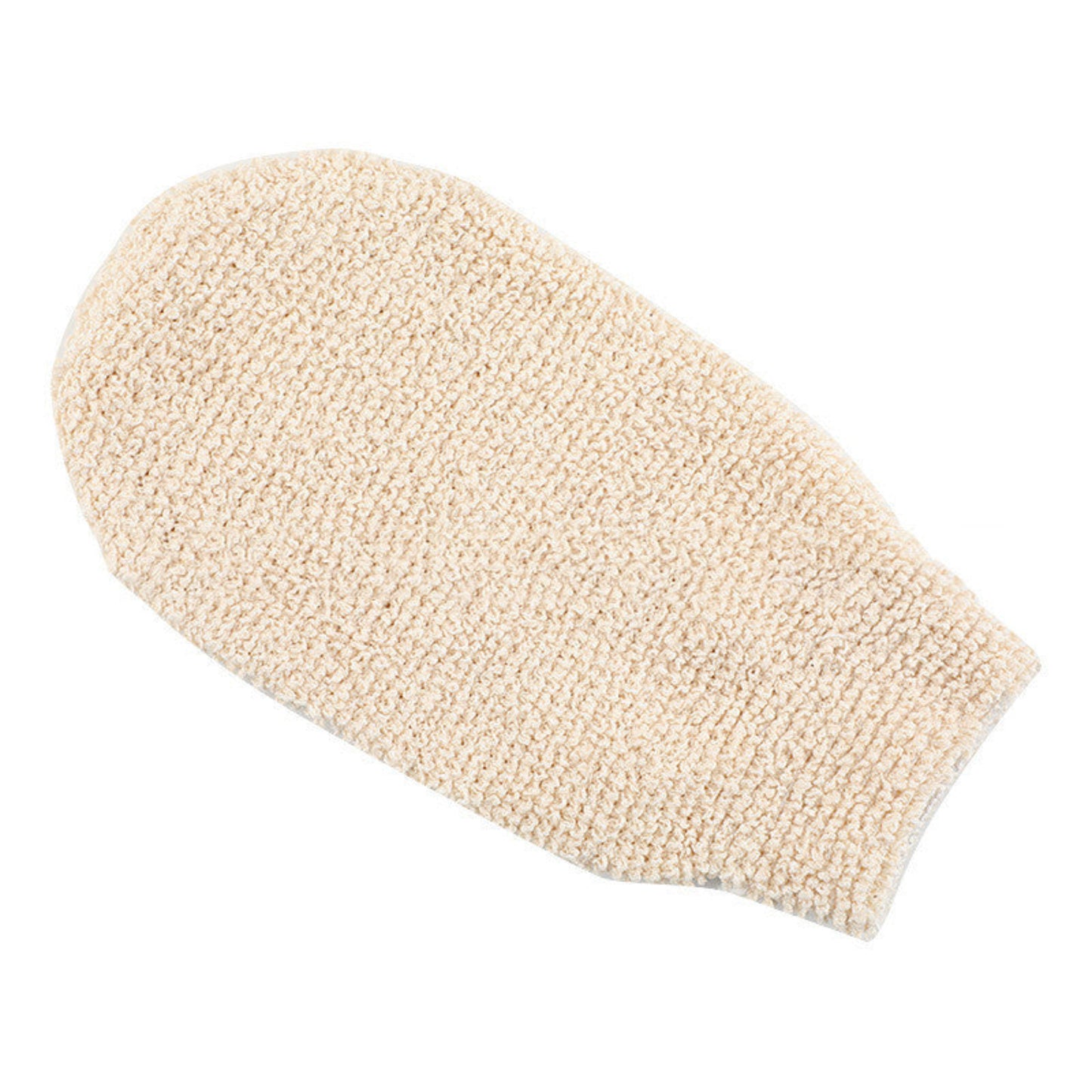 Beige exfoliating glove on a white background. Natural home decor designed with warm, earthy tones and organic materials. Healthy and pure.  