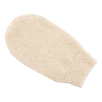 Beige exfoliating glove on a white background. Natural home decor designed with warm, earthy tones and organic materials. Healthy and pure.  