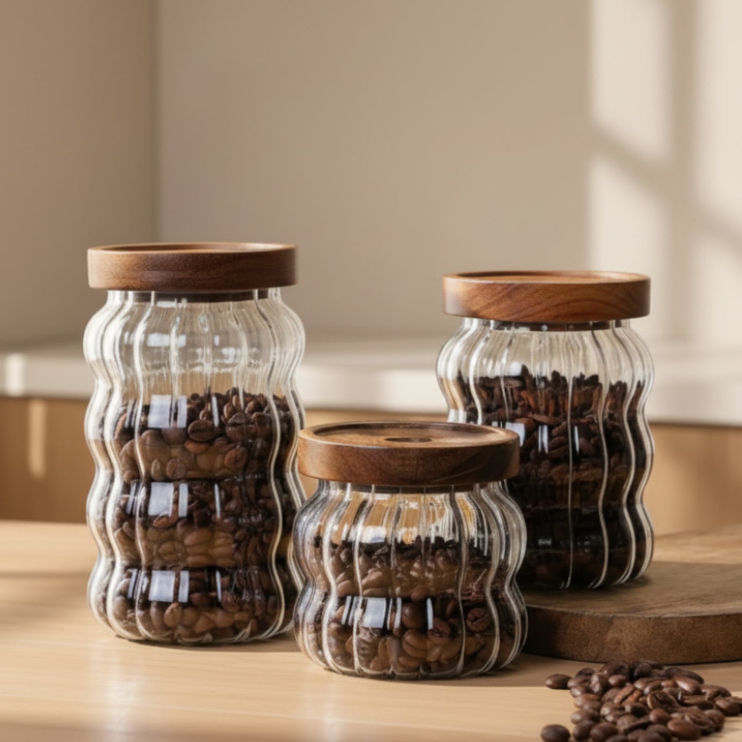 Three glass jars with wooden lids filled with coffee beans on a light surface on a wooden table. Scandinavian kitchen decor inspired. Simplicity, natural materials, and warm tones in the background. 