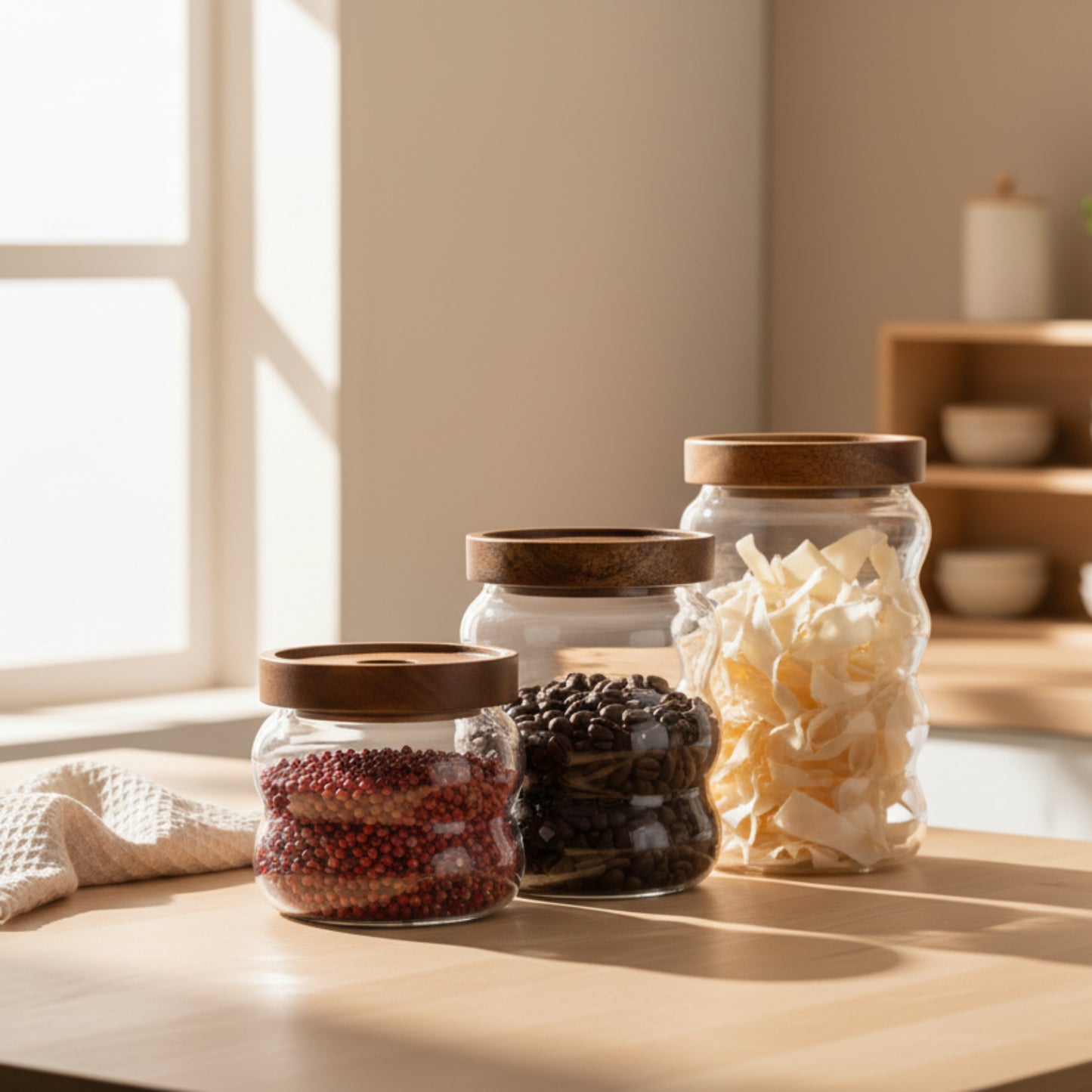 Three glass jars with wooden lids filled with coffee beans, pepper and noodles on a light surface and a wooden kitchen surface. Scandinavian kitchen decor inspired. Simplicity, natural materials, and warm tones in the background. 