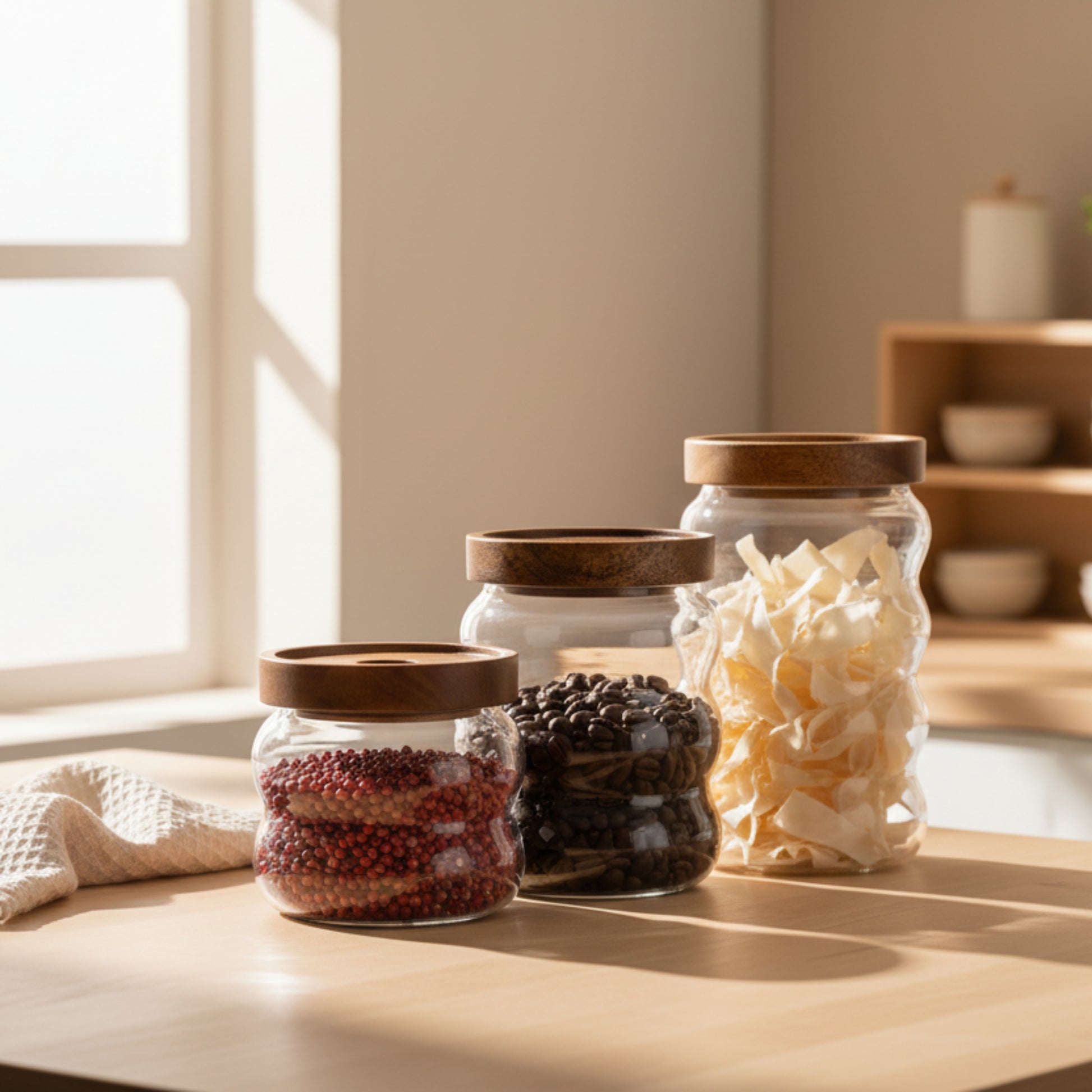 Three glass jars with wooden lids filled with coffee beans, pepper and noodles on a light surface and a wooden kitchen surface. Scandinavian kitchen decor inspired. Simplicity, natural materials, and warm tones in the background. 