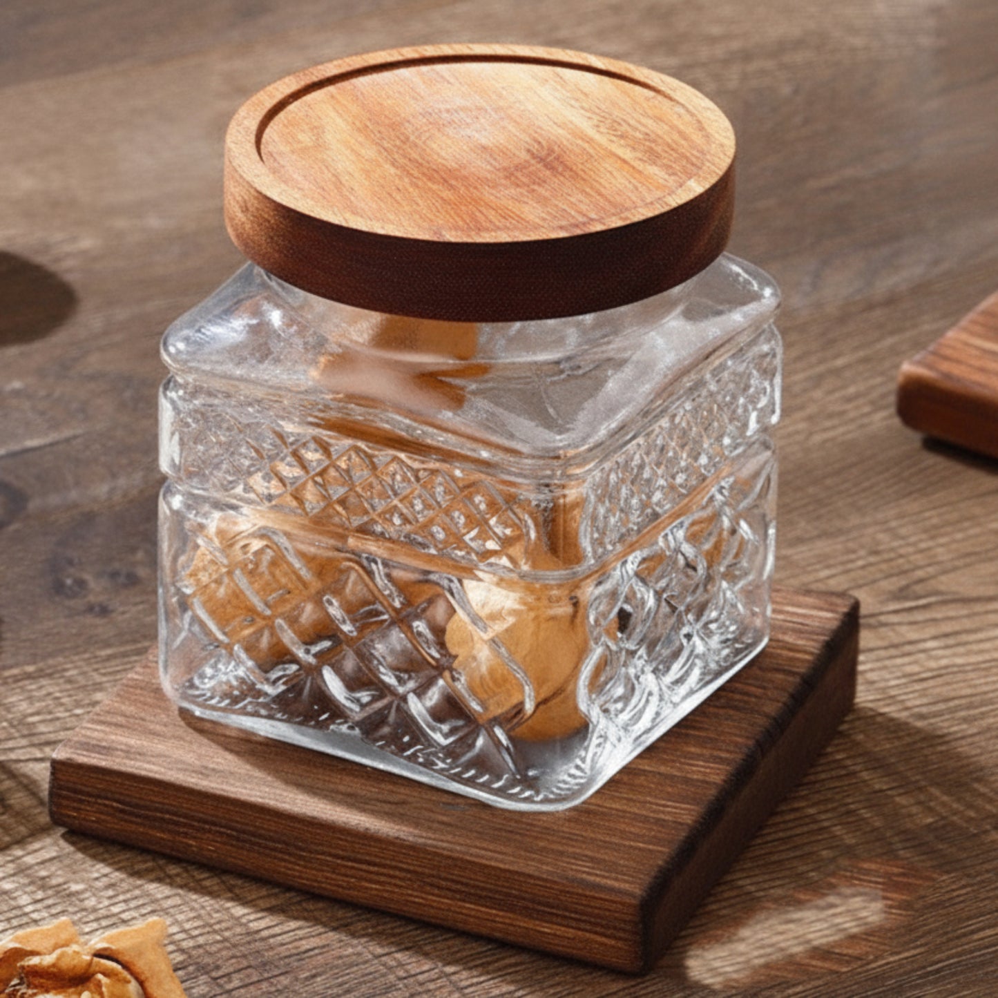 Glass jar with wooden lid on a wooden surface. earthy and modern look and feel. 
