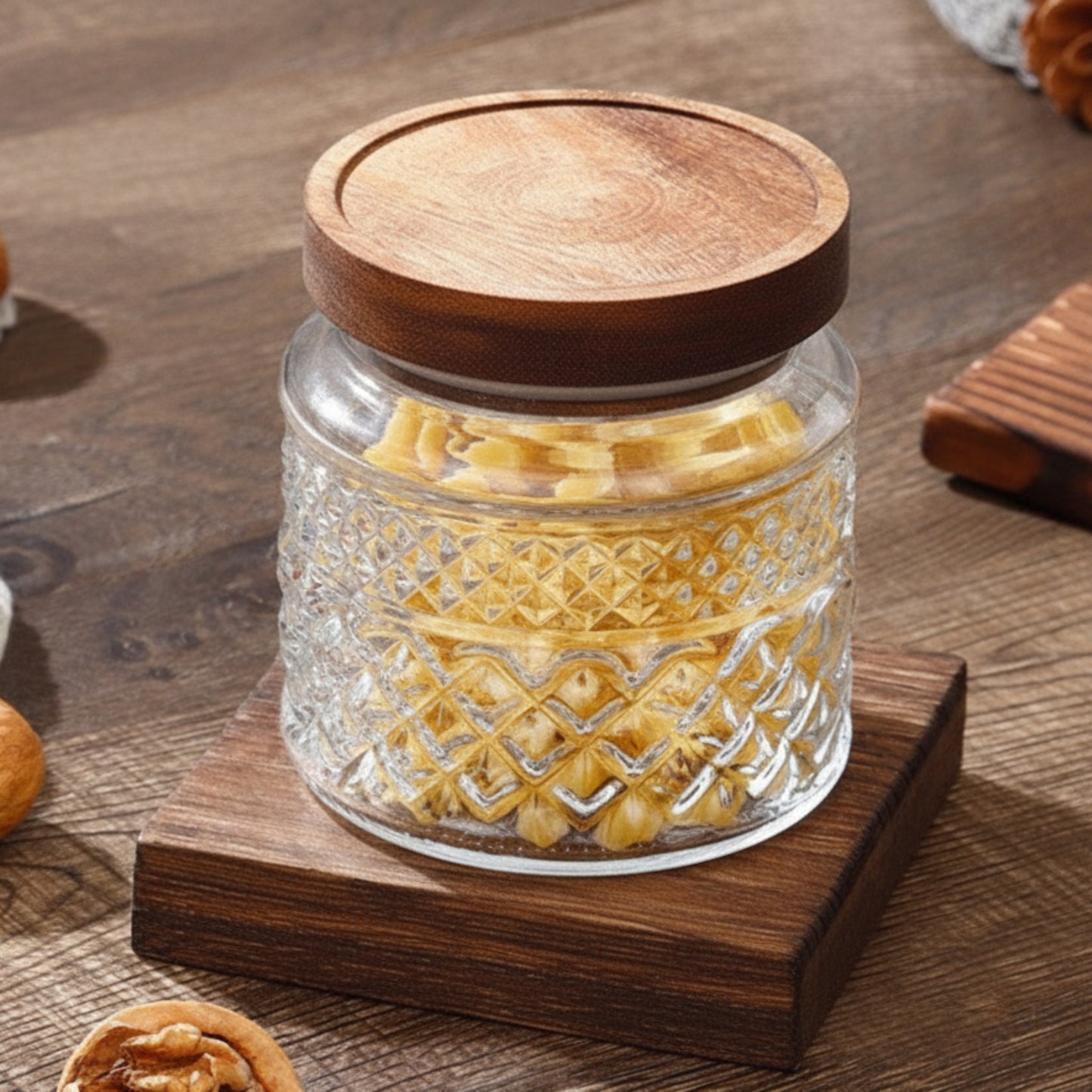 Glass jar with wooden lid on a wooden surface. Jar with earthy and warm tones. 
